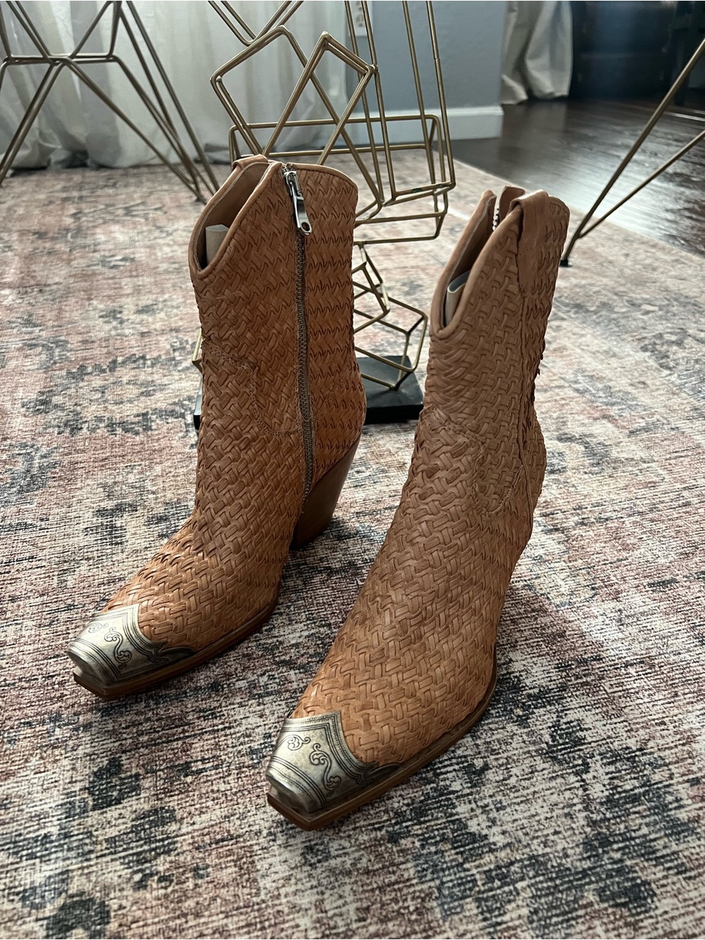 Free People Woven Leather Western Ankle Boots in Tan